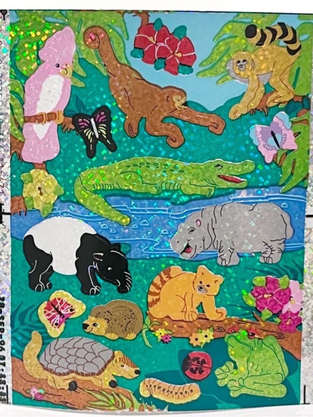 Vintage 1996 Sandylion Sticker Sheet Holographic Sparkly Jungle Scene Animals